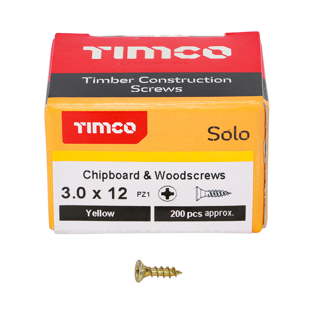 TIMCO SOLO COUNTERSUNK WOODSCREW 3.0 X 12MM YELLOW ZINC