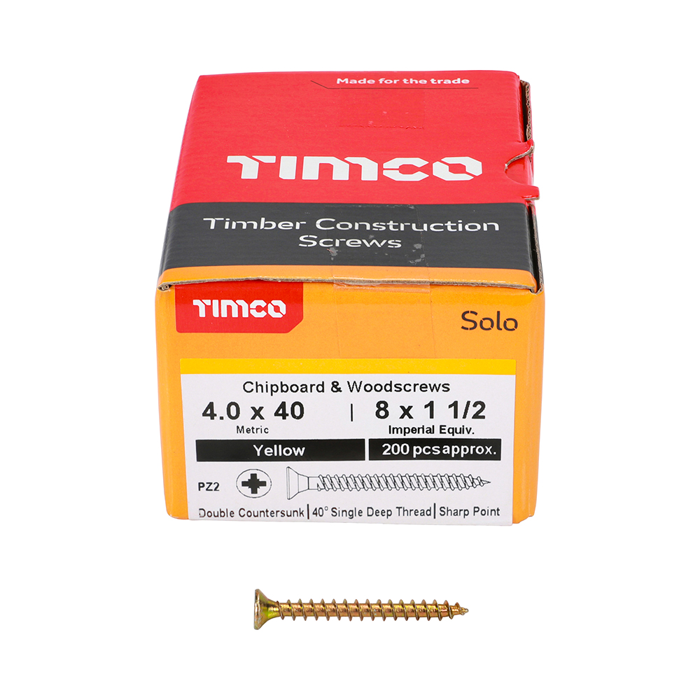 TIMCO SOLO COUNTERSUNK WOODSCREW 4.0 X 40MM YELLOW ZINC