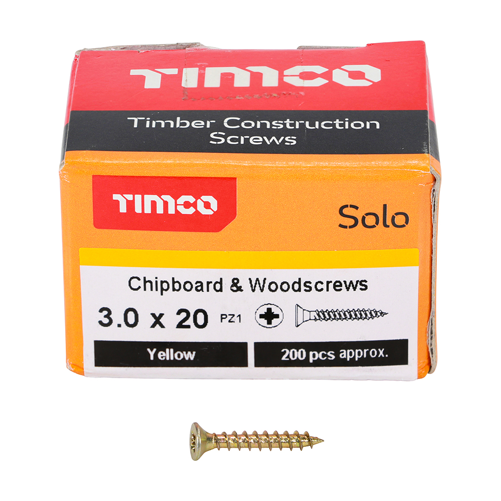 TIMCO SOLO COUNTERSUNK WOODSCREW 3.0 X 20MM YELLOW ZINC