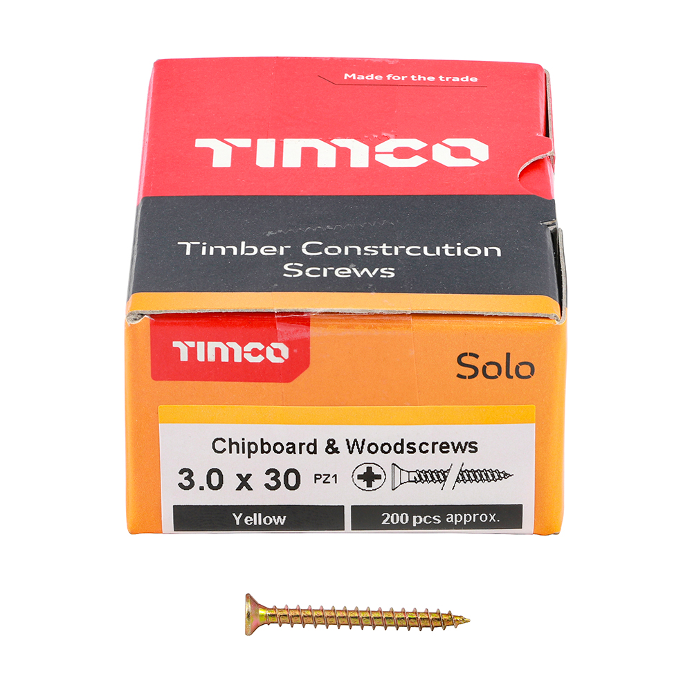TIMCO SOLO COUNTERSUNK WOODSCREW 3.0 X 30MM YELLOW ZINC